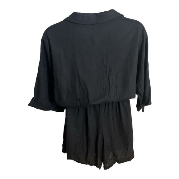 Women Black 3/4-Sleeve Romper Plus Size 2X Linen Blend Button Up Elastic-Waist - Picture 2 of 12
